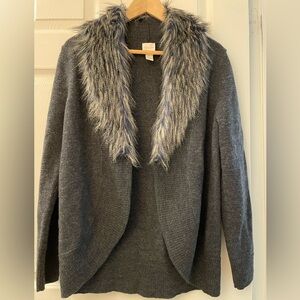0: Chicos Wool Cardigan/Wrap Cardigan Sweater Classic Grey, Faux Fur Collar
